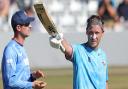 Tom Westley Essex raises his bat after reaching a century for Essex Eagles against Kent Spitfires