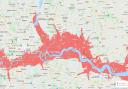 Climate Central's tool maps the areas, marked in red, projected to be below annual flood level in 2030.