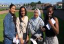 Nazmin Begum, Humayra Ali, Thaniya Akhtar and Zainab Alaran at Eastbrook School after collecting their results.