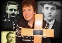 Kim Smith (centre) holding the cross she will erect. Her three great-uncles (Clockwise from top left) John, Francis and Albert.