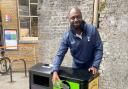 Ledley King testing one of the new recycle bins in Tottenham High Road