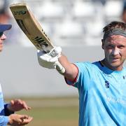 Tom Westley Essex raises his bat after reaching a century for Essex Eagles against Kent Spitfires