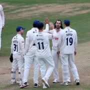 Shane Snater of Essex celebrates with his team mates after taking the wicket of Dan Douthwaite during Glamorgan CCC vs Essex CCC, LV Insurance County Championship Division 2 Cricket at the Sophia Gardens Cardiff on 31st August 2021