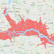 Climate Central's tool maps the areas, marked in red, projected to be below annual flood level in 2030.