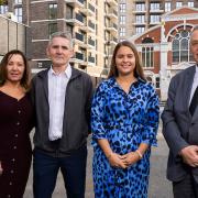 L-R Dora\'s daughter Tracy Goodman, son David Challingsworth, granddaughter Tiffany Goodman and Cllr Darren Rodwell with Challingsworth House in the background