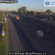 A traffic camera shows queues at the A13 junction with Movers Lane