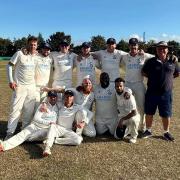 Goresbrook celebrate, back row from left, Kane Messenger (captain), Shane Barwick, Ted Ivory, Shaun Ross, Daryl Forward, Jordan Calverley, Paul Cook (coach), front, Jordan Harris, Danny Gillham Jnr, Billy Chapman, Livash Ramduth, Afzal Hussain.