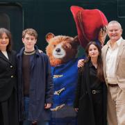 Emily Mortimer, Samuel Joslin, Madeleine Harris and Hugh Bonneville during the photo call for the unveiling of Great Western Railway’s Paddington in Peru train at, Paddington Station, London (PA)