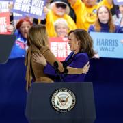 Democratic presidential nominee Vice President Kamala Harris, right, embraces Jennifer Lopez during a campaign rally (Steve Marcus/AP)