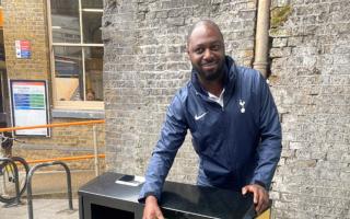 Ledley King testing one of the new recycle bins in Tottenham High Road