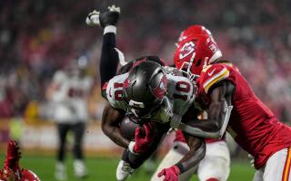 Tampa Bay Buccaneers wide receiver Trey Palmer leaps for yards against the Kansas City Chief (Ed Zurga/AP)