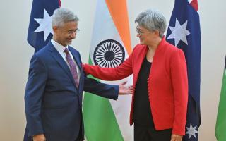 India’s External Affairs Minister S Jaishankar, left, and Australia’s Foreign Minister Penny Wong meet at Parliament House in Canberra (Mick Tsikas/AAP Image via AP)