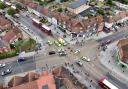 A motorbike could be seen overturned in the road after the crash