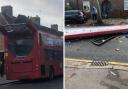 A bus had its roof torn in a crash