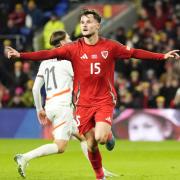 Liam Cullen celebrates the first of his two goals in Wales’ 4-1 Nations League victory against Iceland (Nick Potts/PA)